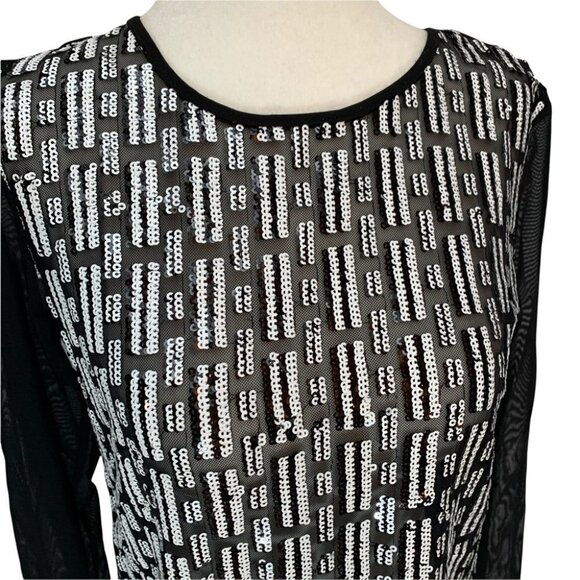 𝅺isaac Mizrahi Black/White Semi Sheer Long Sleeve Sequin Top Sz S - Picture 6 of 10